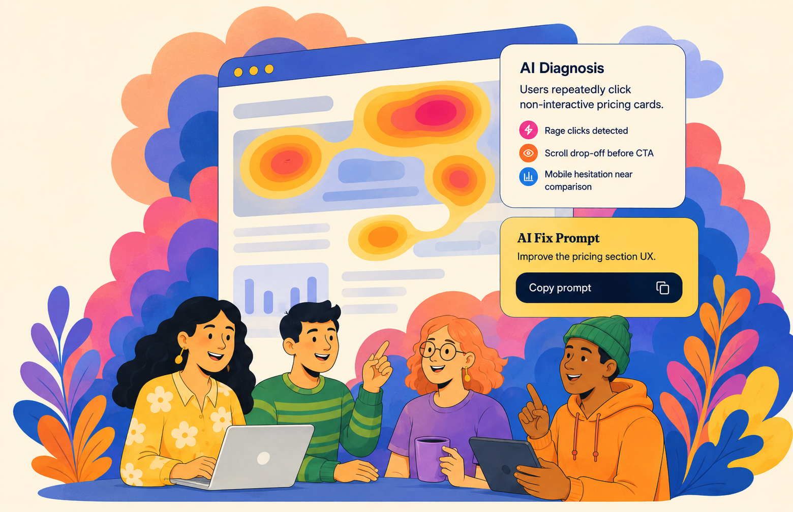 Heatmap IQ in action — diverse founders analyzing a website with glowing heatmaps